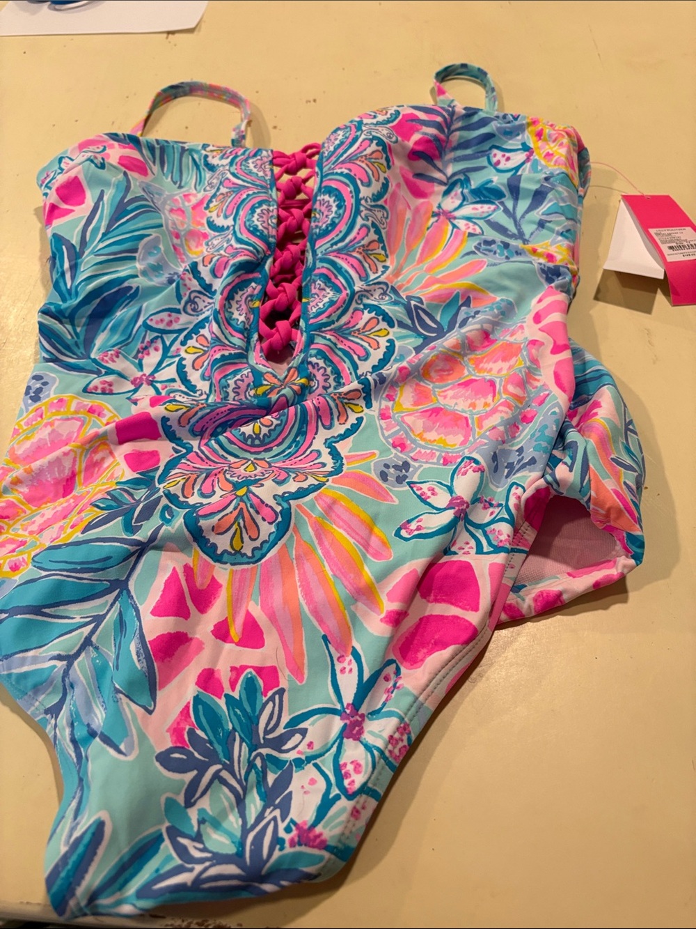 Lilly Pulitzer Aqua Floral One-Piece with Pink Braided Front